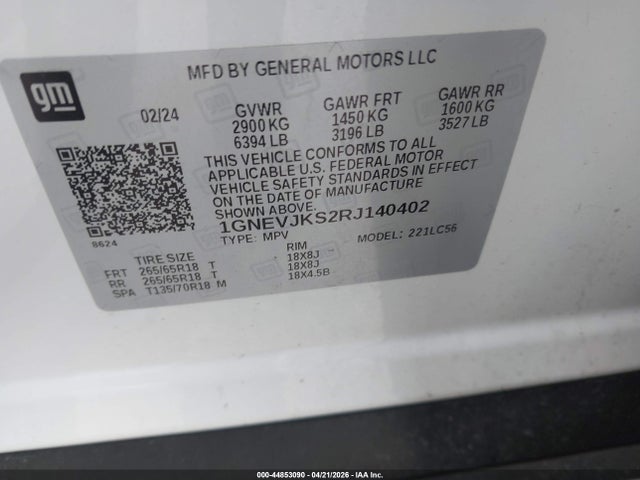 Продажа на аукционе авто 2024 Chevrolet Traverse Awd Z71, vin: 1GNEVJKS2RJ140402, номер лота: 44853090