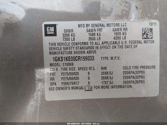 44853109 :رقم المزاد ، 1GKS1KE00CR199033 vin ، 2012 Gmc Yukon Xl 1500 Slt مزاد بيع