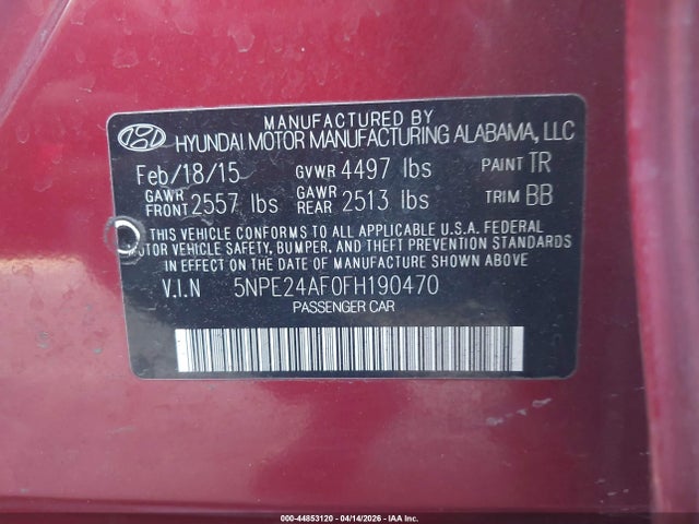 5NPE24AF0FH190470 Hyundai SONATA SE