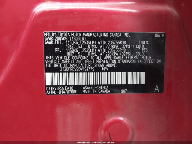 2014 Toyota Rav4 Limited მანქანა იყიდება აუქციონზე, vin: 2T3DFREV9EW194779, აუქციონის ნომერი: 44853121
