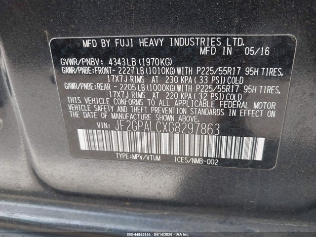 2016 Subaru Crosstrek 2.0i Limited მანქანა იყიდება აუქციონზე, vin: JF2GPALCXG8297863, აუქციონის ნომერი: 44853154