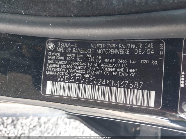 44853170 :رقم المزاد ، WBAEV53424KM37587 vin ، 2004 Bmw 330i مزاد بيع