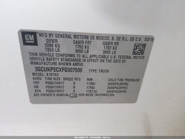 Продажа на аукционе авто 2015 Chevrolet Silverado 1500 Wt, vin: 3GCUKPECXFG307509, номер лота: 44853174