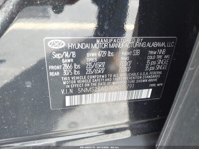 Aukcja sprzedaży 2019 Hyundai Santa Fe Se, vin: 5NMS23AD7KH039791, numer aukcji: 44853176