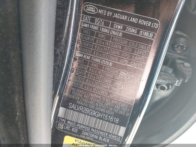 2016 Land Rover Range Rover Evoque Hse მანქანა იყიდება აუქციონზე, vin: SALVR2BG9GH151618, აუქციონის ნომერი: 44853190
