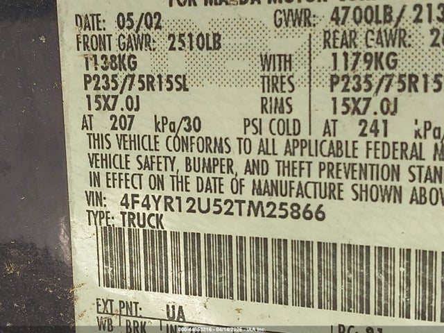 2002 MAZDA B3000 4F4YR12U52TM25866 Photo 8