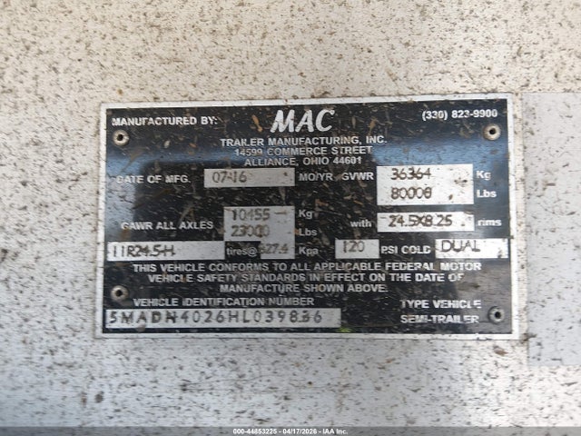 44853225 :رقم المزاد ، 5MADN4026HC039836 vin ، 2017 Mac Trailer Mfg End Dump مزاد بيع