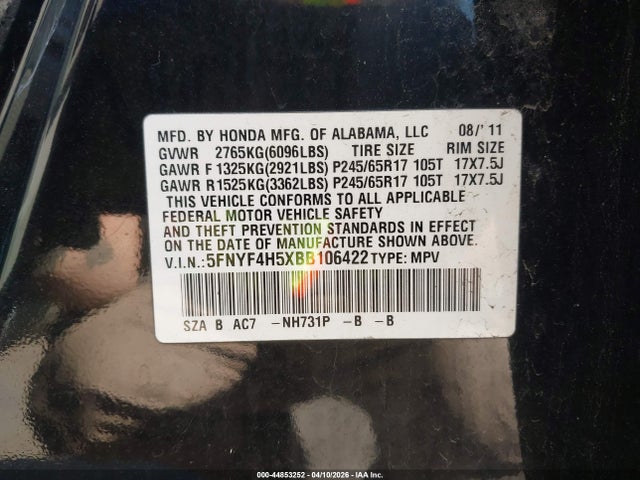 Продаж на аукціоні авто 2011 Honda Pilot Ex-l, vin: 5FNYF4H5XBB106422, номер лоту: 44853252
