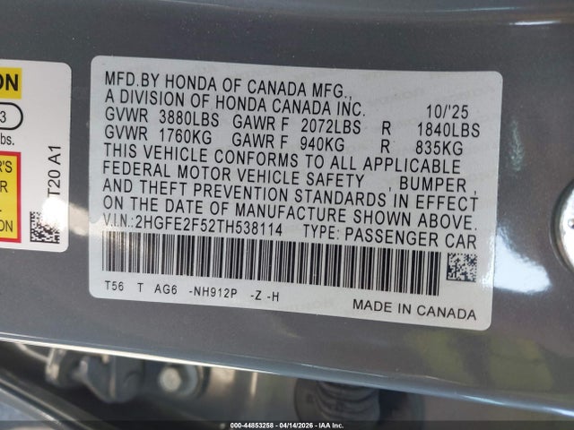 Продаж на аукціоні авто 2026 Honda Civic Sport, vin: 2HGFE2F52TH538114, номер лоту: 44853258