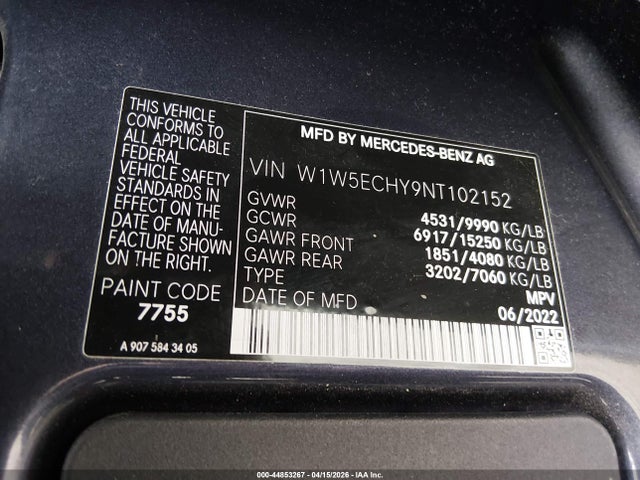 44853267 :رقم المزاد ، W1W5ECHY9NT102152 vin ، 2022 Mercedes-benz Sprinter 3500 High Roof V6 مزاد بيع
