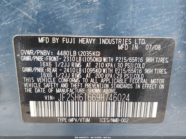 2009 Subaru Forester 2.5x მანქანა იყიდება აუქციონზე, vin: JF2SH61669H746024, აუქციონის ნომერი: 44853275
