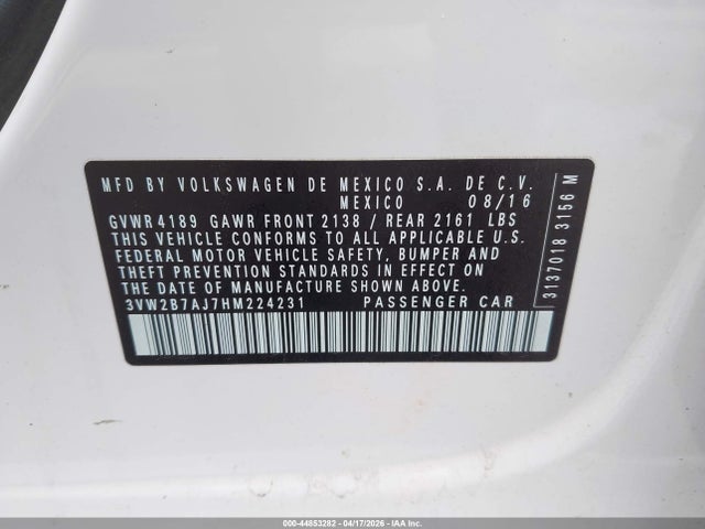 2017 Volkswagen Jetta 1.4t S მანქანა იყიდება აუქციონზე, vin: 3VW2B7AJ7HM224231, აუქციონის ნომერი: 44853282