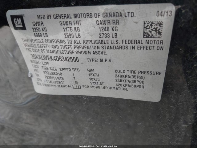 44853290 :رقم المزاد ، 2GKALWEK4D6342500 vin ، 2013 Gmc Terrain Slt-2 مزاد بيع