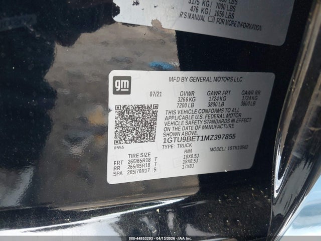 Aukcja sprzedaży 2021 Gmc Sierra 1500 4wd  Short Box Sle, vin: 1GTU9BET1MZ397855, numer aukcji: 44853293