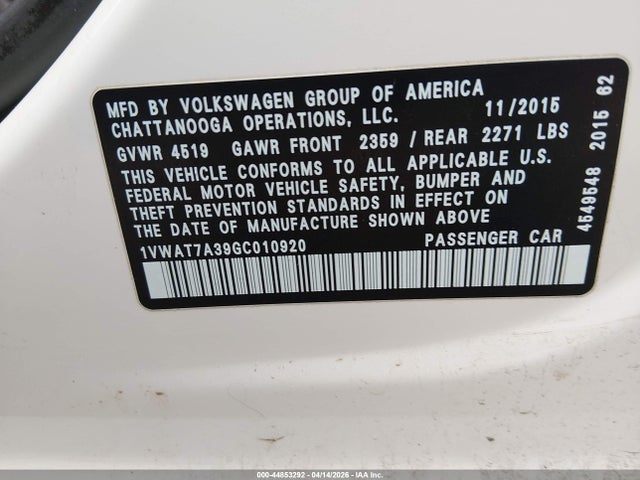 2016 Volkswagen Passat 1.8t S მანქანა იყიდება აუქციონზე, vin: 1VWAT7A39GC010920, აუქციონის ნომერი: 44853292