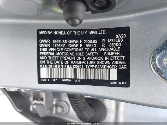 Продажа на аукционе авто 2020 Honda Civic Sport, vin: SHHFK7H41LU420911, номер лота: 44853294
