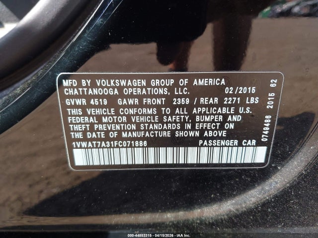 Продаж на аукціоні авто 2015 Volkswagen Passat 1.8t S, vin: 1VWAT7A31FC071886, номер лоту: 44853315