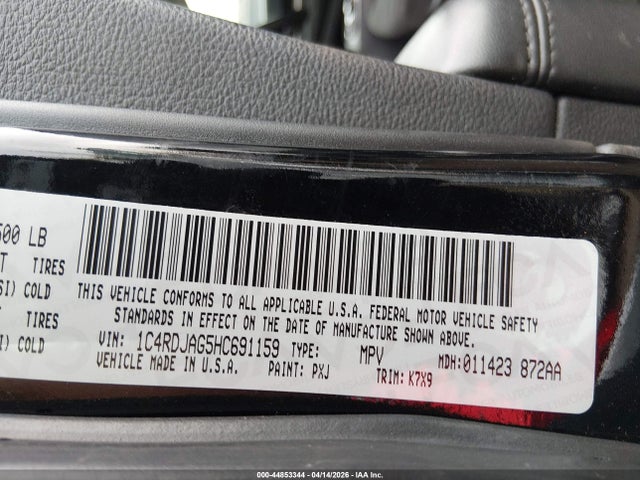44853344 :رقم المزاد ، 1C4RDJAG5HC691159 vin ، 2017 Dodge Durango Sxt Awd مزاد بيع