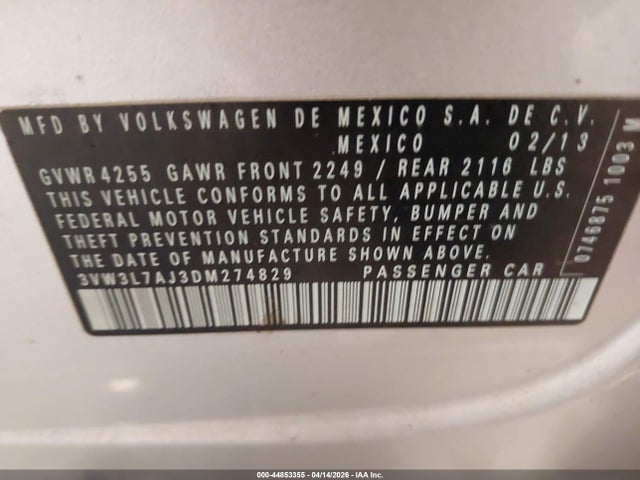 Продаж на аукціоні авто 2013 Volkswagen Jetta 2.0l Tdi, vin: 3VW3L7AJ3DM274829, номер лоту: 44853355