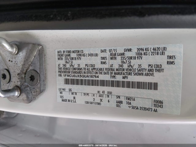 Aukcja sprzedaży 2016 Ford Escape Titanium, vin: 1FMCU0JX5GUA18764, numer aukcji: 44853370
