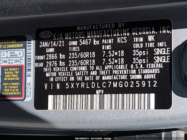 44853371 :رقم المزاد ، 5XYRLDLC7MG025912 vin ، 2021 Kia Sorento S مزاد بيع