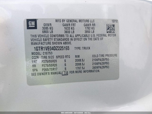44853409 :رقم المزاد ، 1GTR1VE04DZ225193 vin ، 2013 Gmc Sierra 1500 Sle مزاد بيع