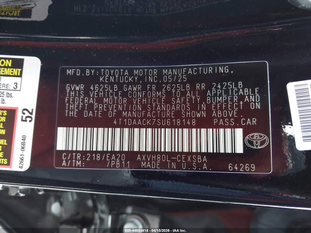 Продажа на аукционе авто 2025 Toyota Camry Se, vin: 4T1DAACK7SU618148, номер лота: 44853414