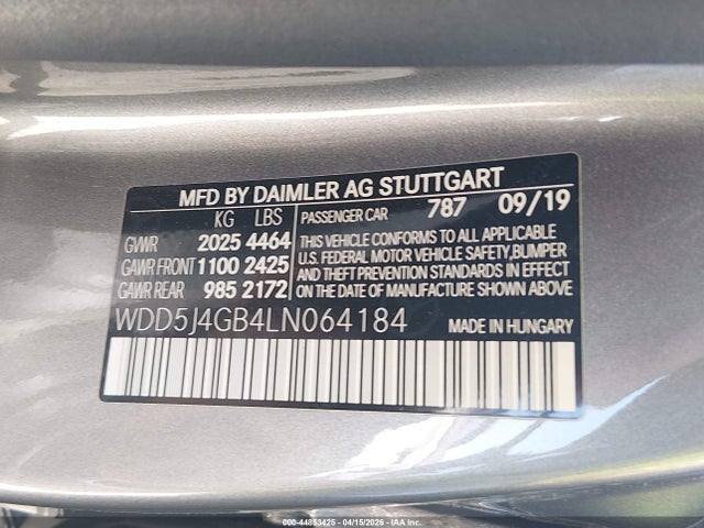 Продажа на аукционе авто 2020 Mercedes-benz Cla 250, vin: WDD5J4GB4LN064184, номер лота: 44853425