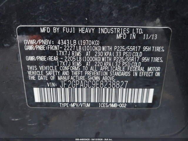 44853428 :رقم المزاد ، JF2GPAGC9E8238827 vin ، 2014 Subaru Xv Crosstrek 2.0i Limited مزاد بيع