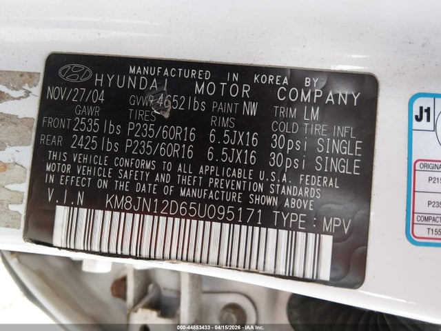 Продаж на аукціоні авто 2005 Hyundai Tucson Gls/lx, vin: KM8JN12D65U095171, номер лоту: 44853433