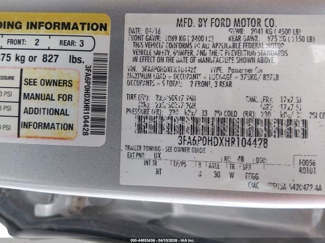 Aukcja sprzedaży 2017 Ford Fusion Se, vin: 3FA6P0HDXHR104428, numer aukcji: 44853436