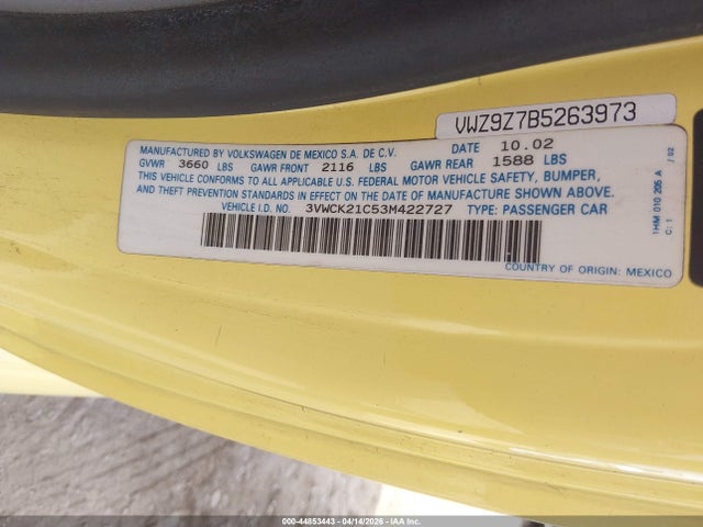 Продаж на аукціоні авто 2003 Volkswagen New Beetle Gls 2.0l, vin: 3VWCK21C53M422727, номер лоту: 44853443