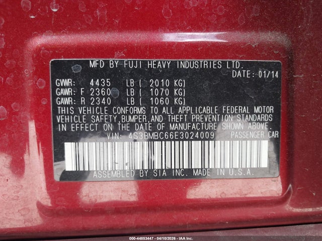 44853447 :رقم المزاد ، 4S3BMBC66E3024009 vin ، 2014 Subaru Legacy 2.5i Premium مزاد بيع