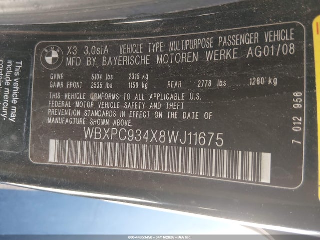 2008 Bmw X3 3.0si მანქანა იყიდება აუქციონზე, vin: WBXPC934X8WJ11675, აუქციონის ნომერი: 44853458