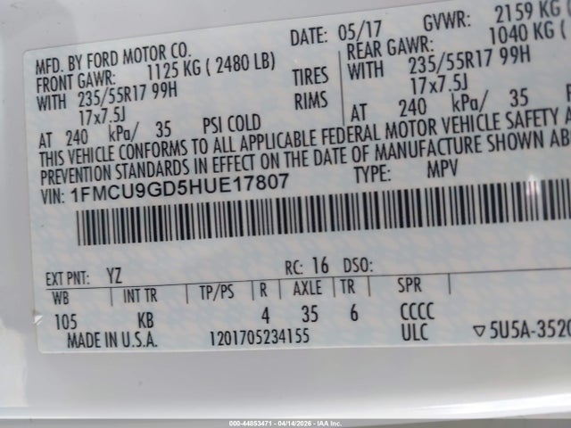 1FMCU9GD5HUE17807 Ford ESCAPE SE