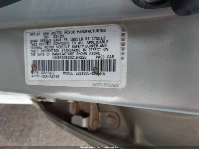 44853487 :رقم المزاد ، 1NXBR32E83Z164226 vin ، 2003 Toyota Corolla Le مزاد بيع