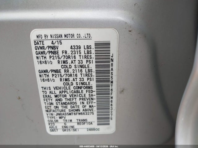 2015 Nissan Rogue Select S მანქანა იყიდება აუქციონზე, vin: JN8AS5MT6FW663275, აუქციონის ნომერი: 44853489