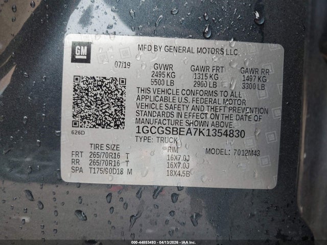 Aukcja sprzedaży 2019 Chevrolet Colorado Wt, vin: 1GCGSBEA7K1354830, numer aukcji: 44853493