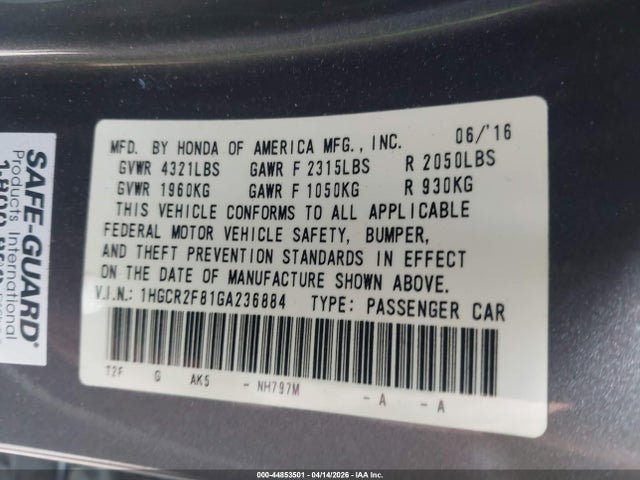 44853501 :رقم المزاد ، 1HGCR2F81GA236884 vin ، 2016 Honda Accord Ex-l مزاد بيع