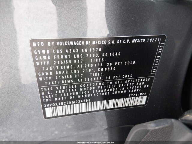 Продаж на аукціоні авто 2022 Volkswagen Taos 1.5t S, vin: 3VVDX7B27NM034298, номер лоту: 44853505