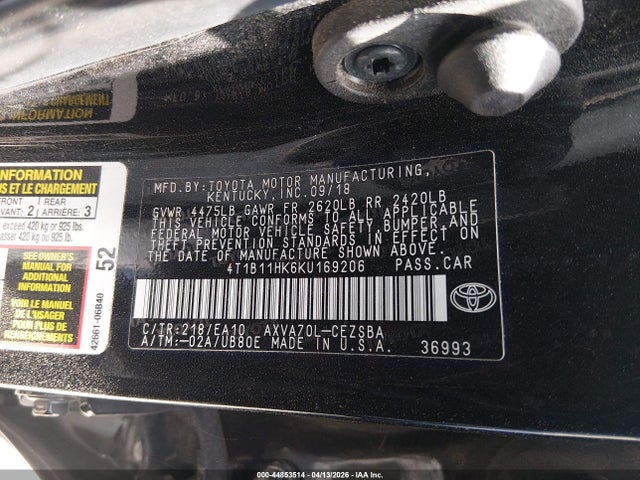 44853514 :رقم المزاد ، 4T1B11HK6KU169206 vin ، 2019 Toyota Camry Se مزاد بيع