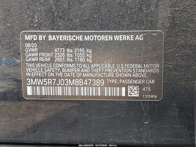 44853530 :رقم المزاد ، 3MW5R7J03M8B47389 vin ، 2021 Bmw 330i Xdrive مزاد بيع