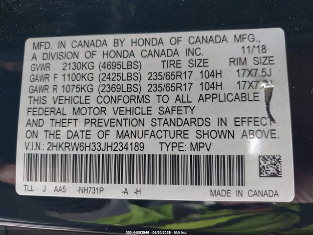 2018 Honda Cr-v Lx მანქანა იყიდება აუქციონზე, vin: 2HKRW6H33JH234189, აუქციონის ნომერი: 44853546