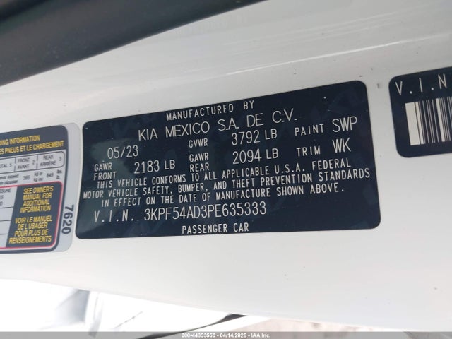 2023 Kia Forte Gt-line მანქანა იყიდება აუქციონზე, vin: 3KPF54AD3PE635333, აუქციონის ნომერი: 44853550