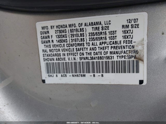2008 Honda Odyssey Ex მანქანა იყიდება აუქციონზე, vin: 5FNRL38418B019631, აუქციონის ნომერი: 44853571
