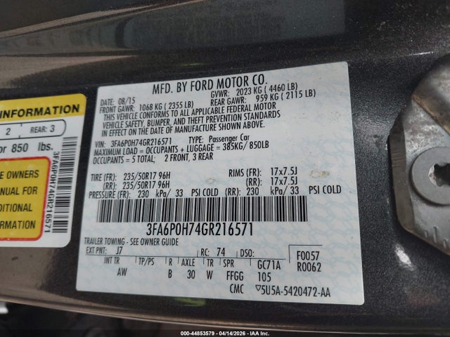 Ford FUSION SE 2016 3FA6P0H74GR216571 Image 9
