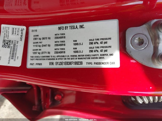 Продаж на аукціоні авто 2019 Tesla Model 3 Long Range/performance, vin: 5YJ3E1EB3KF199239, номер лоту: 44853589
