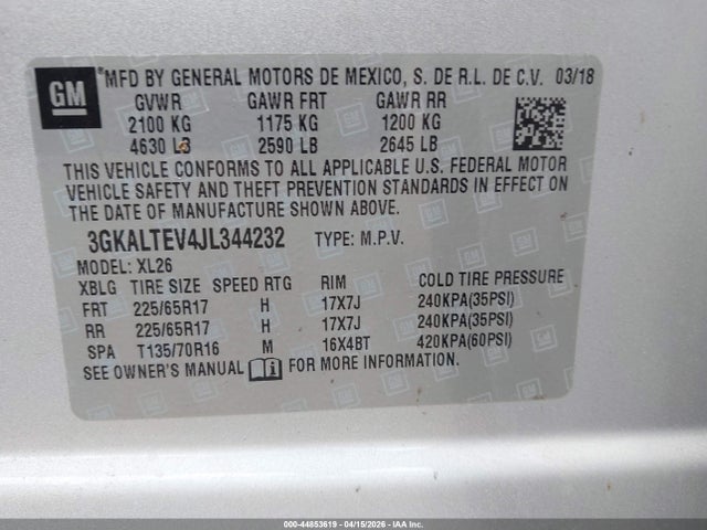 2018 Gmc Terrain Sle მანქანა იყიდება აუქციონზე, vin: 3GKALTEV4JL344232, აუქციონის ნომერი: 44853619