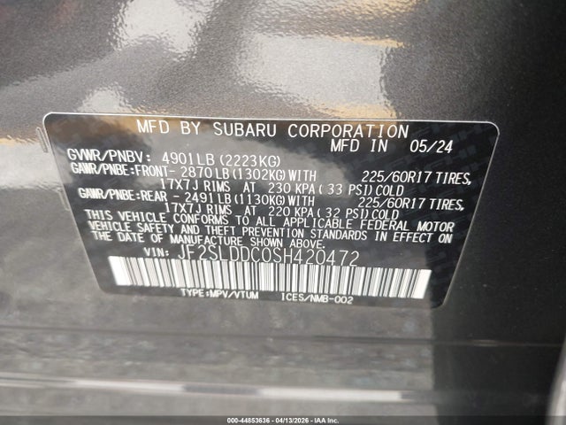 2025 Subaru Forester Premium მანქანა იყიდება აუქციონზე, vin: JF2SLDDC0SH420472, აუქციონის ნომერი: 44853636