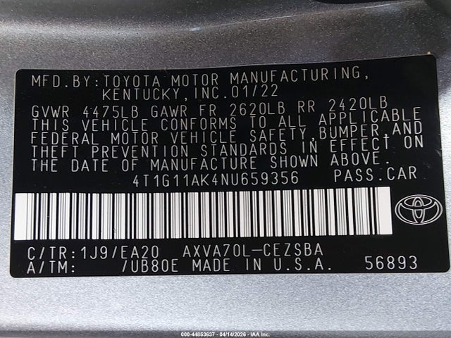 4T1G11AK4NU659356 Toyota CAMRY SE